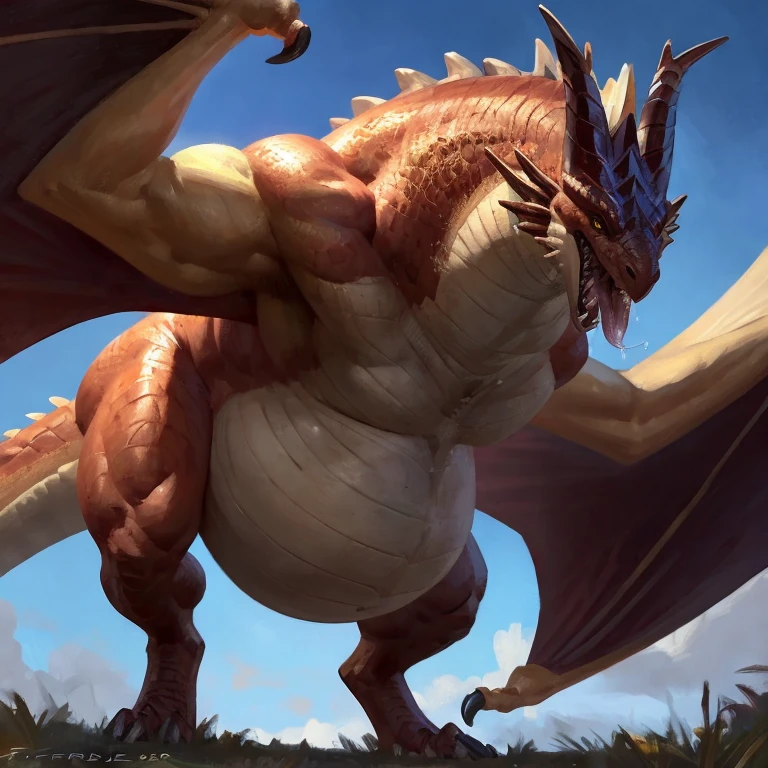 Detailed painting, by Taran Fiddler, closeup, outlook view, wide angle, dragoness, full body, feral, dainty, friendly, colorful, rounded snout, wings, pregnant-like belly, round belly, dominant belly, huge belly, bloated belly, big muscles, wide body, thick body muscles, powerfull muscles, beefy muscles, thick neck, tongue out, open mouth, saliva, hungry, voracious, glutonous, tall, enormous, giant, gigantic, colosssal size, gargantuan, kaiju, powerfull look, badass look, looking at viewer, approaching to viewer