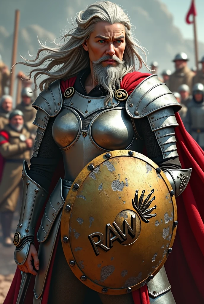 Old warrior woman with long gray hair in silver armor with a golden shield with RAW written on the front and a red cape with a crown on her head with RAW written on it