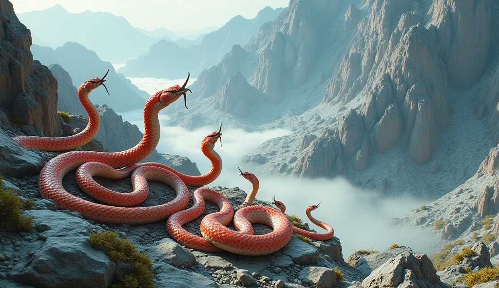 There is white jade ore on the mountain，There are also many pit vipers with red and white rings and a spike on the tip of their noses.（best quality，4K，8k，High level，masterpiece：1.2），Ultra Detailed，（lifelike，Photo real，Photo real：1.37）