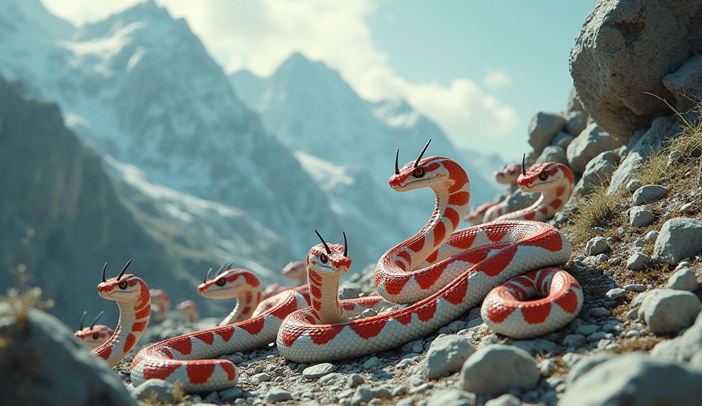 There is white jade ore on the mountain，There are also many pit vipers with red and white rings and a spike on the tip of their noses.（best quality，4K，8k，High level，masterpiece：1.2），Ultra Detailed，（lifelike，Photo real，Photo real：1.37）