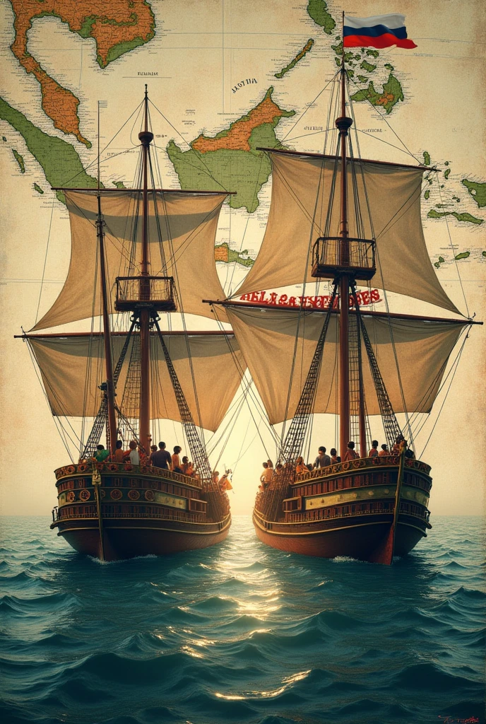 Make a poster In Indonesian waters there are 2 old ships,the two ships were using the flag, ship 1 using the Dutch flag, and another wearing the Portuguese flag. Ada gambaran orang jual beli pada zaman dulu. The background is a map of the Indonesian archipelago. The title is: the entry of the Dutch and Portuguese into Indonesia.