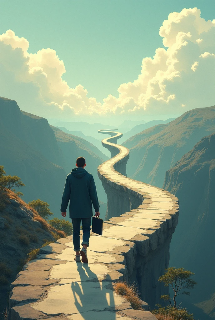 create a drawing image showing a person walking along a winding path, full of obstacles and challenges. The person is holding a book or a blackboard, symbolizing the idea of continuous learning. Ao redor dela, we see clouds representing dreams and goals. With every step, the person seems to redo and retouch the path he takes, showing the importance of the learning process and constant reflection in life&#39;s journey.