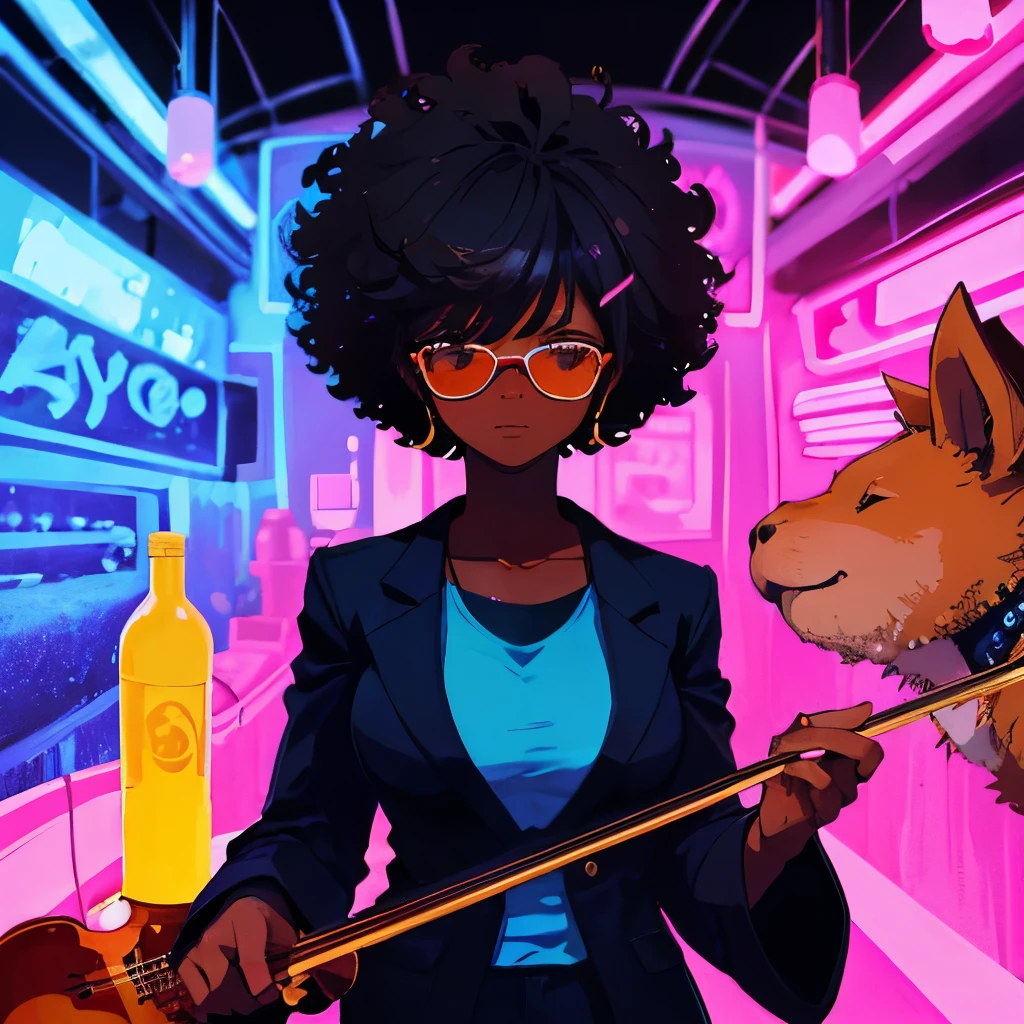 cute capybara dark glasses Afrogirl playing violin under a mystical psychedelic jazz bar cyberpunk