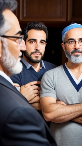 A group of Jewish men focus on the face