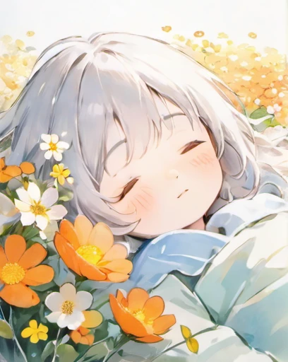 雨が静かに降っている、Silver Hair、Sleep on a futon、Earth、Illustration of a shy and sleepy girl, Completely white image, Very soft color, watercolor, Flowers, Hannah Dale,Lots of little orange flowers blooming