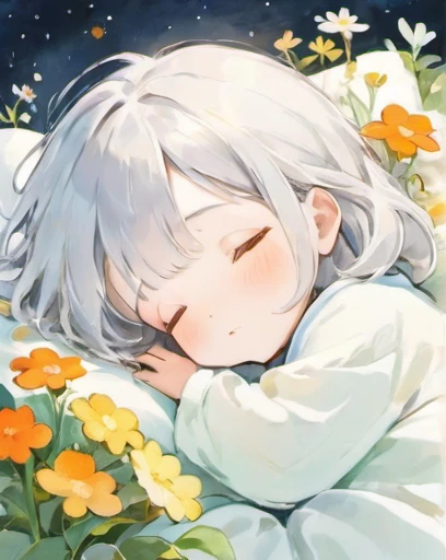 雨が静かに降っている、Silver Hair、Sleep on a futon、Earth、Illustration of a shy and sleepy girl, Completely white image, Very soft color, watercolor, Flowers, Hannah Dale,Lots of little orange flowers blooming