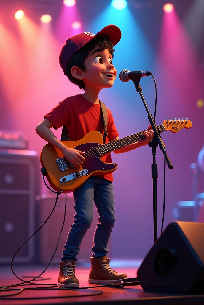 playing guitar, wearing jeans and a red T-shirt, cap on head, singing into microphone with stand, disney pixar style