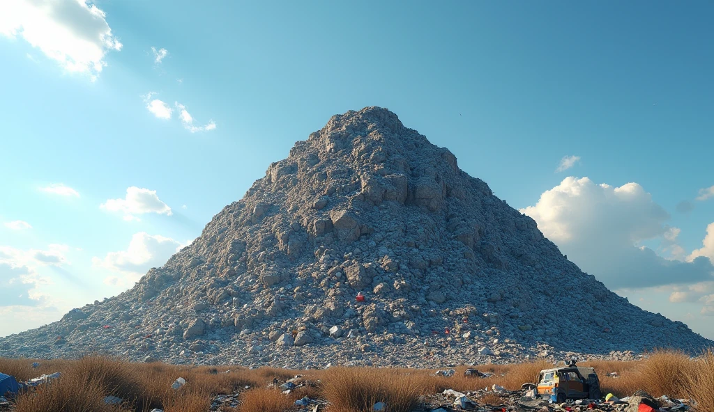 mountain of trash in the centre, blue sky, nice little clouds, light, nice light, photorealistic, realistic, 4k, 8k,