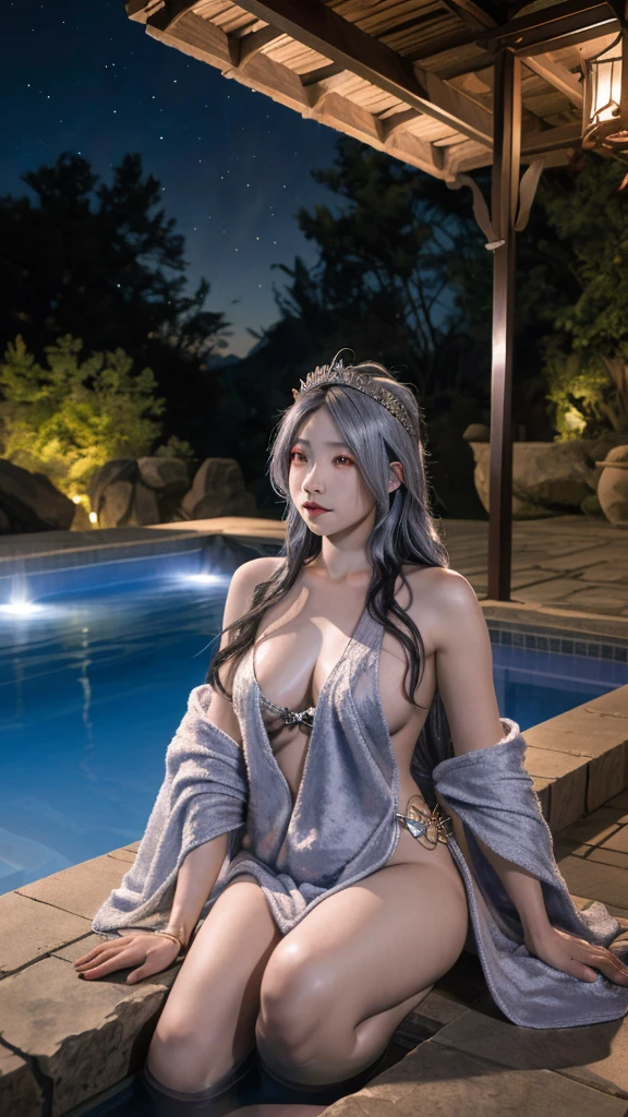 ht,Starlight,The most beautiful and sexagon princess,red eye,Silver long hair shawl,Big breare only towels on the body,Villa,hot spring pool,Sitting on a small stone,Textured skin, High resolution, best quality, frame, HD model, , ,