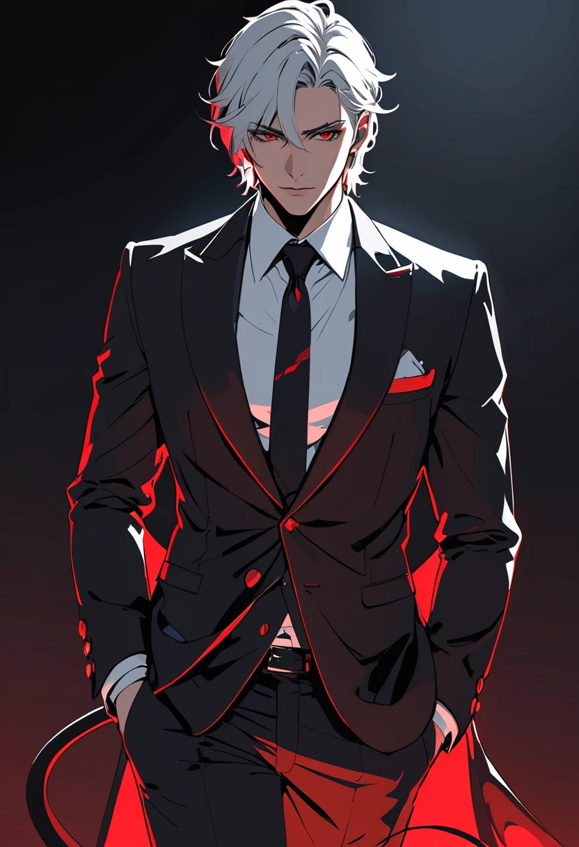 (masterpiece, best quality,ultra highres),male handsome man,silver hair,Red eyes,devil-like tail,Deceiver,at night,white flat color,sketch,black background,simple background,
BREAK,red eyes,eerie atmosphere, absurdres, highres, extra detailed,