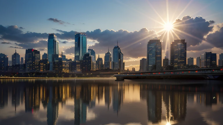 Sunlight reflecting off the windows of a glass skyscraper.: In the morning cityscape, rows of glass-covered skyscrapers reflect the rising sun. Sunlight bounces off the building windows, casting brilliant beams of light into the sky. The glass mirrors the surrounding buildings and the blue sky, creating a striking contrast of light and shadow. The once sterile urban structures now seem to come alive, glowing with the energy of the morning light.