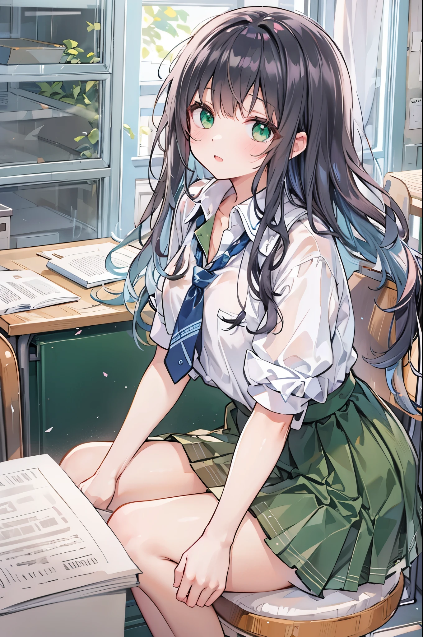 ((Highest quality, 8k, masterpiece: 1.3)), whole body,1 personの,1 person,,Glamorous Body,cute,Untidy look,Black Hair,Beautiful emerald green eyes,Long Hair,((Close your eyes)),((White short-sleeved blouse,tie)),((Green pleated mini skirt,loafers)),((In the classroom,Sit on a chair,Fold your arms and put your face down on the desk)),