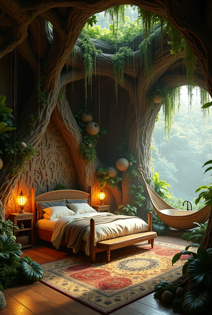 {cinematic scene, 4K ultra-realistic rendering with a flower-powered, jungle-tropical, supernatural style} A breathtaking bedroom carved into a massive, ancient tree, deep within a lush, enchanted jungle. The walls are formed from the living wood of the tree, adorned with sprawling vines, giant tropical flowers in vibrant colors, and textured patterns carved directly into the bark. The bed is crafted from intertwined roots and branches, forming a natural, sturdy frame draped with handwoven fabrics made from banana leaves and soft, earthy textiles in rich greens and deep browns.

The ceiling above is a canopy of dense foliage, with glowing, exotic flowers and lanterns hanging down, casting a warm, golden light over the room. The floor is a blend of smooth wooden planks and patches of mossy, woven rugs, adding to the room's cozy, organic feel. A large, freestanding bathtub made of polished stone rests in one corner, surrounded by potted plants and cascading flowers, with a nearby shelf holding artisanal soaps and oils.

The room is filled with unique, hand-crafted details—woven baskets, intricately carved wooden furniture, and a hammock made of braided vines. Large windows carved into the tree trunk offer views of the misty jungle outside, allowing natural light to filter through the vibrant foliage. The entire space is alive with the sights and sounds of the jungle, creating an atmosphere that feels both magical and deeply connected to nature.

This bedroom is a perfect blend of tropical beauty, supernatural charm, and natural luxury, designed for someone who finds comfort and inspiration in the heart of the jungle. {Shot with a 35mm lens, warm, ambient lighting, tropical atmosphere} {Art inspired by enchanted jungles, natural interiors, and handcrafted tropical design}
