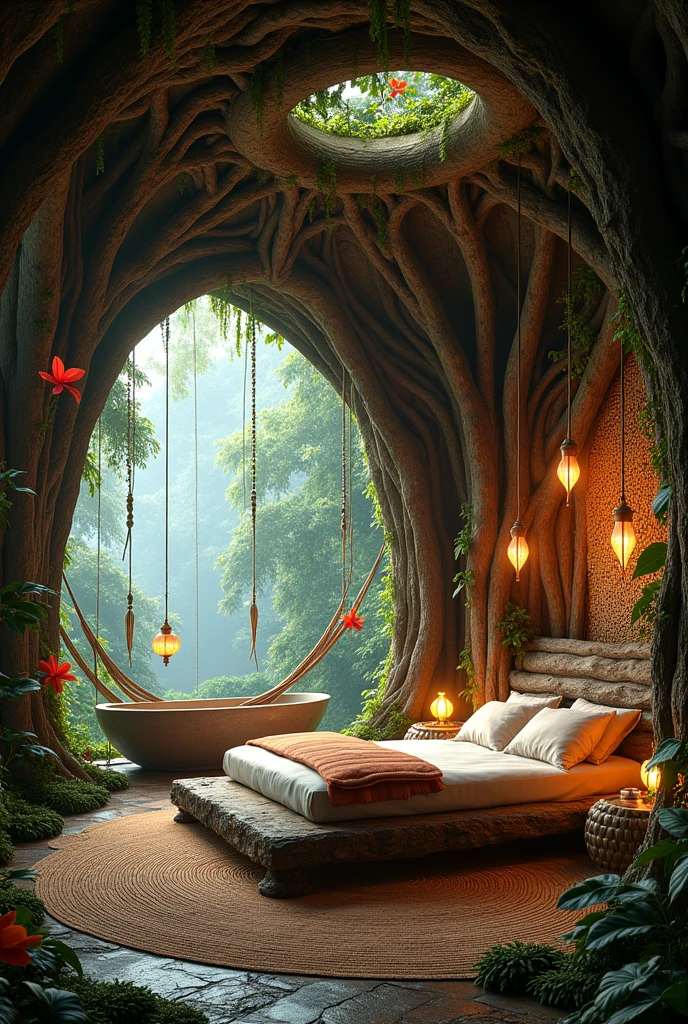 {cinematic scene, 4K ultra-realistic rendering with a flower-powered, jungle-tropical, supernatural style} A breathtaking bedroom carved into a massive, ancient tree, deep within a lush, enchanted jungle. The walls are formed from the living wood of the tree, adorned with sprawling vines, giant tropical flowers in vibrant colors, and textured patterns carved directly into the bark. The bed is crafted from intertwined roots and branches, forming a natural, sturdy frame draped with handwoven fabrics made from banana leaves and soft, earthy textiles in rich greens and deep browns.
The ceiling above is a canopy of dense foliage, with glowing, exotic flowers and lanterns hanging down, casting a warm, golden light over the room. The floor is a blend of smooth wooden planks and patches of mossy, woven rugs, adding to the room's cozy, organic feel. A large, freestanding bathtub made of polished stone rests in one corner, surrounded by potted plants and cascading flowers, with a nearby shelf holding artisanal soaps and oils.
The room is filled with unique, hand-crafted details—woven baskets, intricately carved wooden furniture, and a hammock made of braided vines. Large windows carved into the tree trunk offer views of the misty jungle outside, allowing natural light to filter through the vibrant foliage. The entire space is alive with the sights and sounds of the jungle, creating an atmosphere that feels both magical and deeply connected to nature.
This bedroom is a perfect blend of tropical beauty, supernatural charm, and natural luxury, designed for someone who finds comfort and inspiration in the heart of the jungle. {Shot with a 35mm lens, warm, ambient lighting, tropical atmosphere} {Art inspired by enchanted jungles, natural interiors, and handcrafted tropical design}