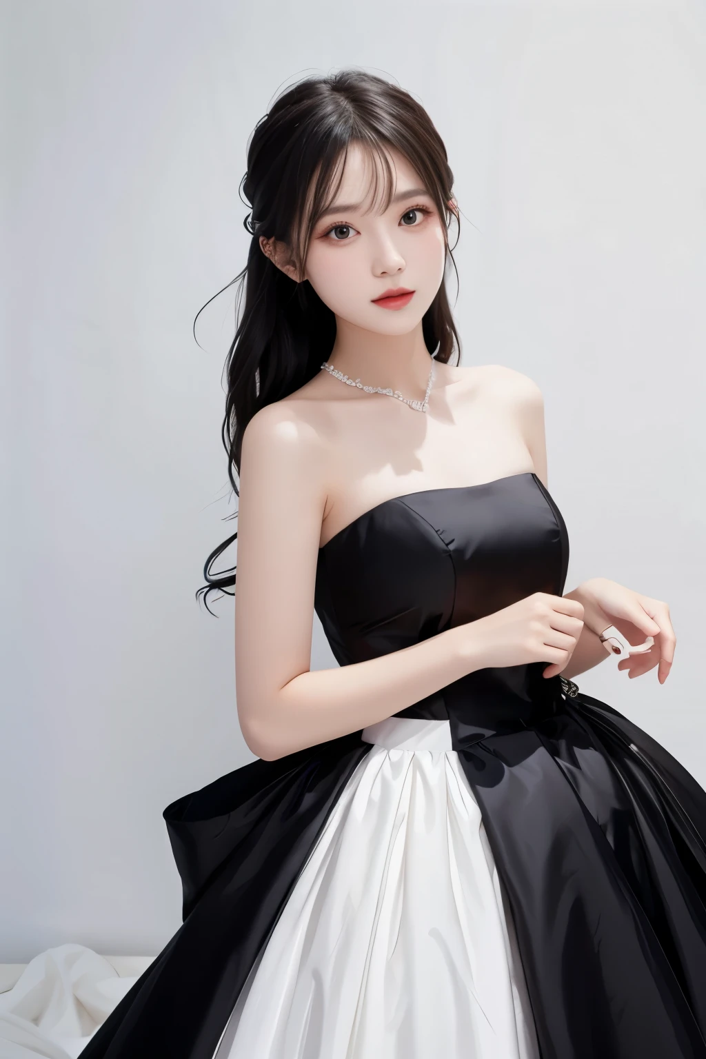 1 woman, Black formal long dress,white background,