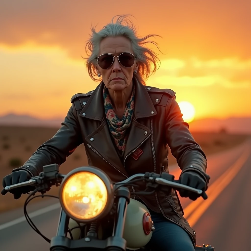 On a bike、A cool old lady with a serious expression: "Create a lifelike image of an elderly woman with a windswept hairstyle, wearing sleek aviator sunglasses and sitting confidently on a motorcycle. She’s dressed in a leather jacket with patches and a bandana around her neck, exuding a rebellious and adventurous spirit. The background is an open road with a sunset horizon, capturing the thrill of the ride."