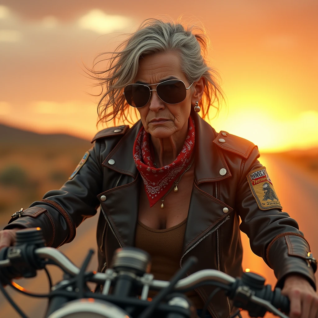 On a bike、A cool old lady with a serious expression: "Create a lifelike image of an elderly woman with a windswept hairstyle, wearing sleek aviator sunglasses and sitting confidently on a motorcycle. She’s dressed in a leather jacket with patches and a bandana around her neck, exuding a rebellious and adventurous spirit. The background is an open road with a sunset horizon, capturing the thrill of the ride."