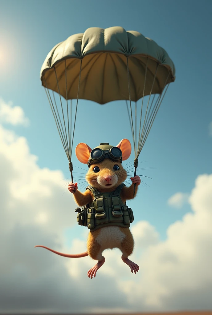 A parachuting mouse dressed in military gear