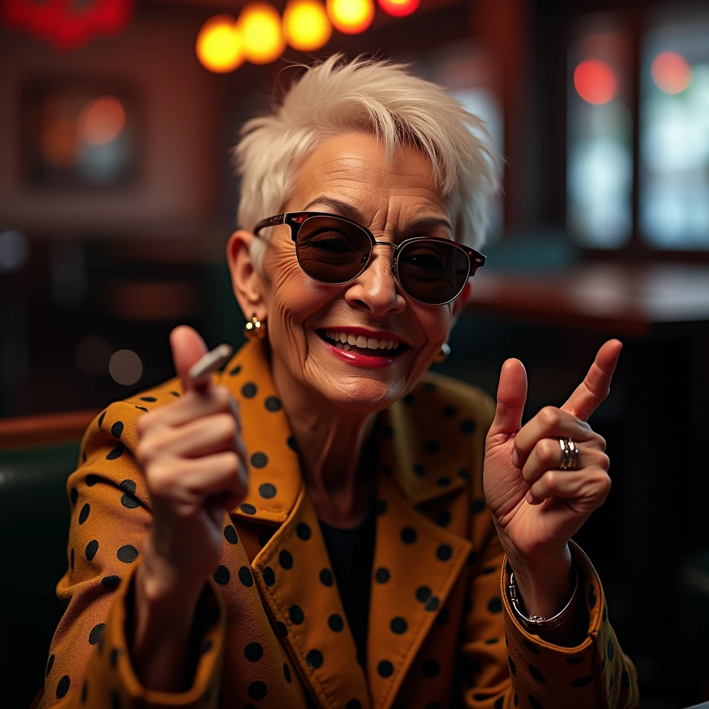 A cool old lady making a thumbs up sign with a cigarette in her hand: "A hyper-realistic close-up of an elderly woman with a stylish pixie cut, wearing mirrored sunglasses and holding a lit cigarette in one hand while flashing a thumbs-up with the other. She’s dressed in a trendy jacket with a bold pattern, and her expression is one of cool confidence. The background is a dimly lit jazz club with soft, moody lighting, adding to the relaxed and sophisticated atmosphere."