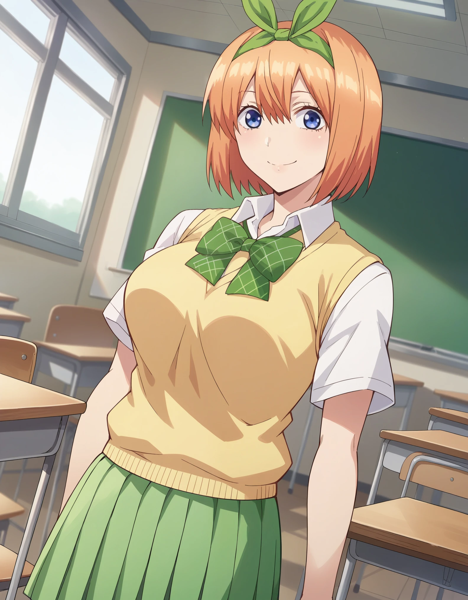 score_9, score_8_up, score_7_up, source_anime,
yotsubanakano, yotsuba nakano, bangs, short hair, blue eyes, hair between eyes, hair ribbon, hairband, orange hair, green ribbon, mature female,
skirt, shirt, bow, ribbon, school uniform, white shirt, short sleeves, pleated skirt, collared shirt, miniskirt, bowtie, kneehighs, green skirt, green bow, sweater vest, green ribbon, yellow sweater vest,
indoors, classroom, smile,
looking at viewer, cowboy shot, dutch angle, solo,