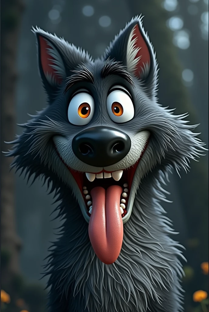 A hand drawn whimsical, cartoonish furry black fox with large, expressive orange eyes, and exaggerated facial features with canine teeth, long jaw, stands with a mischievous, wide-eyed grin, holding a fork in one hand and a knife in other hand and matching the exact expression as the (reference image:1.4). The fox's fur is dark black with tufts of fur adding texture and character. Its mouth is open wide with a comically large tongue sticking out, adding to its playful and mischievous appearance. The overall style is highly detailed with a touch of (hand-painted quality:1.4), focusing on exaggerated expressions:1.3, vibrant colors, and a humorous, light-hearted mood. The background is a softly blurred, dark-toned forest with hints of light filtering through the trees, adding to the magical and whimsical atmosphere.
