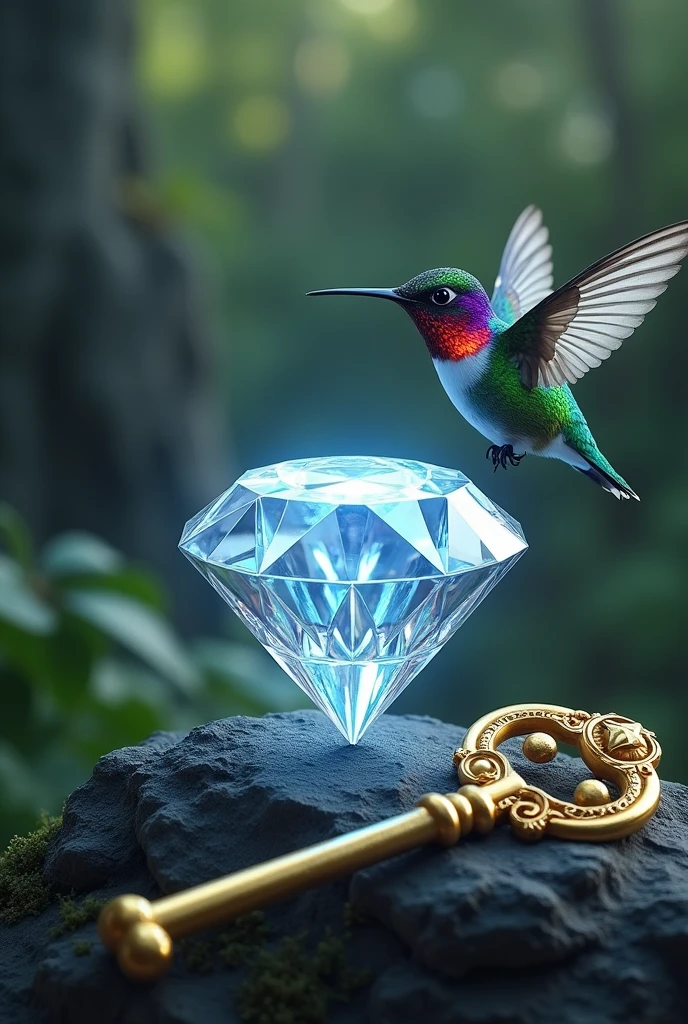 Image of a diamond stone standing out well, a hummingbird and a golden key