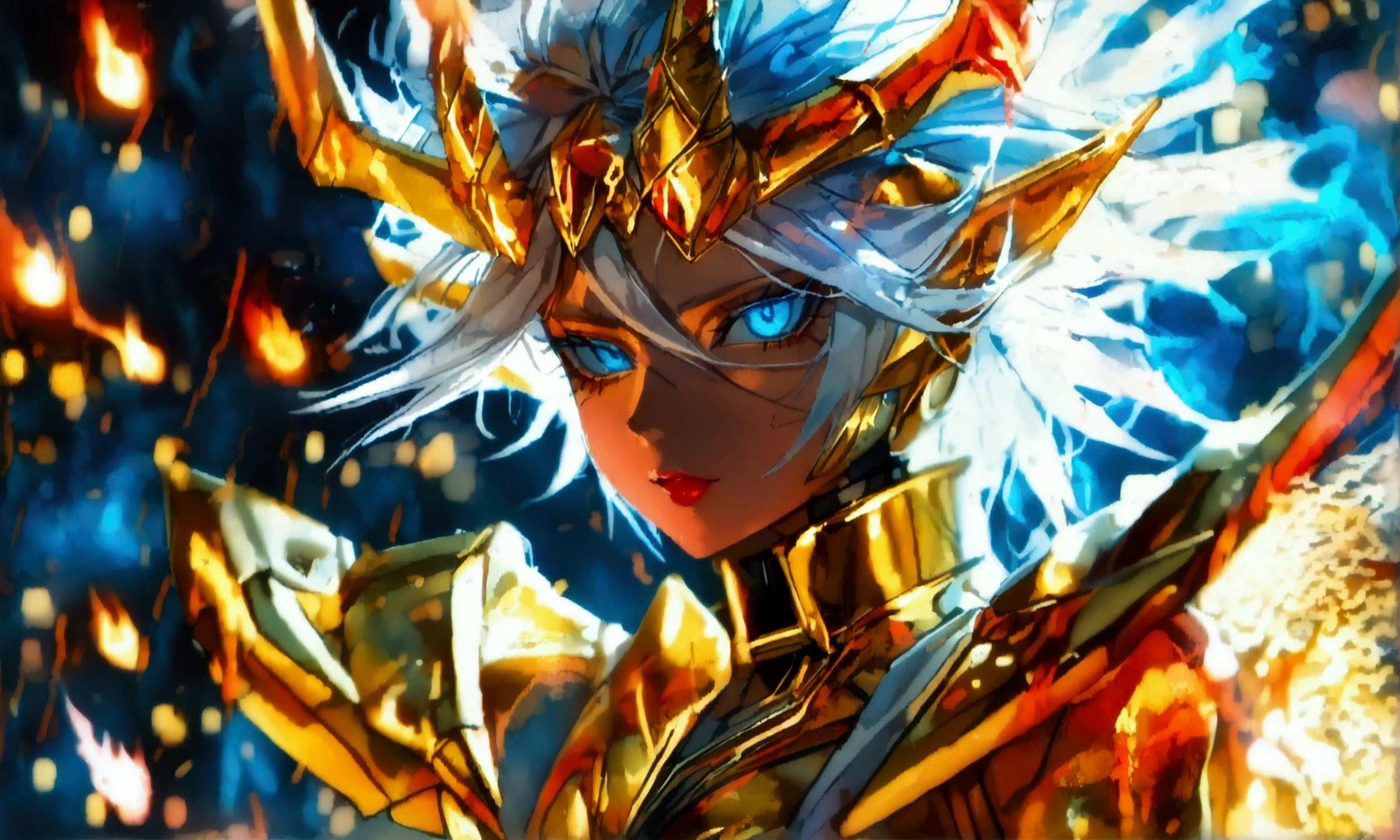 (((Golden Spear))), ((Lightning Power)), ((Electricity)), ((Fire Background)), (((android 21 Evil))), (((white Coat))), (((Darkness power))), (((Busty))), luxury bustier corset, ((silver hair)), (((Very slim waist))), propotional body, ((Gorgeous)), ((gold wings)), masterpiece, hyperdetail, ambient effect, digital effect, (((Fire Spear))), (((Lightning Spear))), (((Fire Gold Armor))), ((Lightning Gold Wings)), ((Fire Demon Horns))