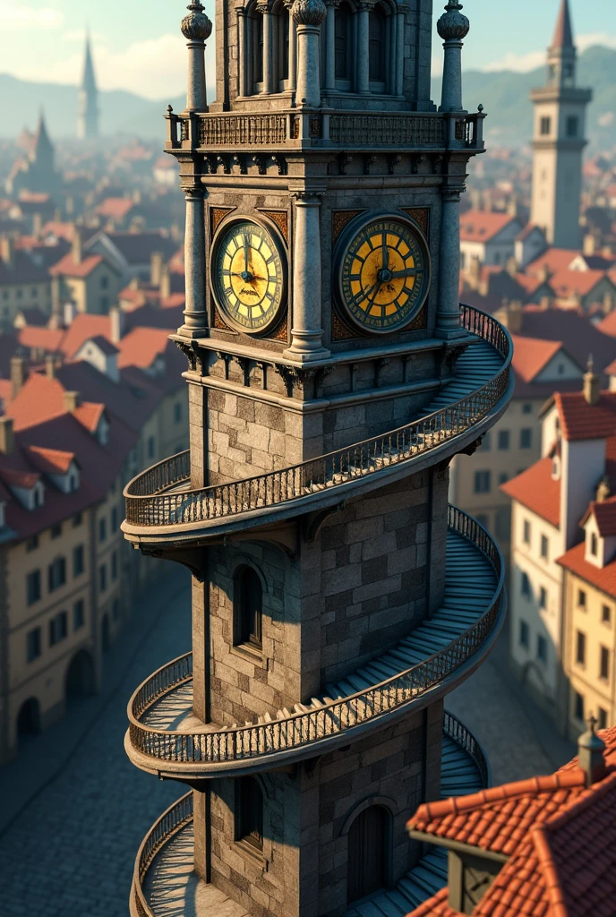 generate an animated image in a medieval city and an old clock in the middle , passing around at the top a spiral staircase