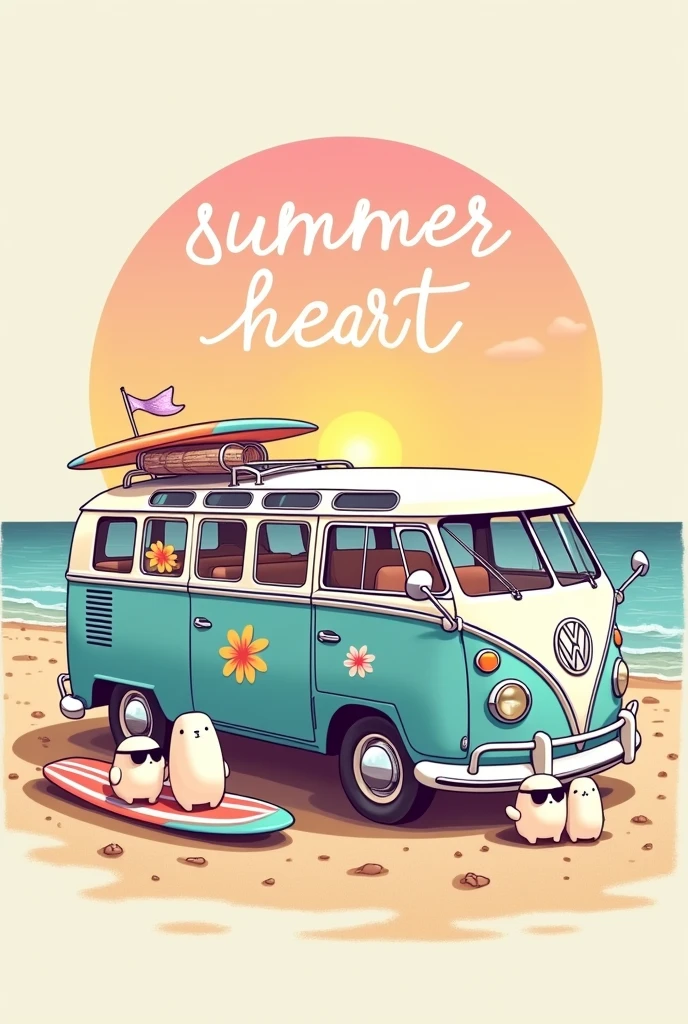 create an illustration with good contrast, with fine and delicate lines, cute fun, to the audience (The image shows a vintage Volkswagen Type 2 van, known as VW Bus, parked on a beach with a clear sky and the sun setting or rising in the background. The van is painted in light blue and white, with several colorful flower stickers and the iconic VW logo on the front. No roof from van, there is a rack with two surfboards attached. 3 happy squishmallows playing and wearing big black sunglasses. The sand looks smooth, with some footprints leading to the van. the art in general presents a distribution with characteristics of shirt prints, which do not end in a rectangular shape.
Below this scene, there is text that says “Summer Heart” or something related to high summer in a stylized cursive font that suggests a relaxed summer vibe. The font color transitions from pink at the top to yellow at the bottom, imitating a sunset.
This image evokes nostalgia for summer travel and beach adventures., simbolizando a liberdade e o lazer
Stop Responding
New topic
Ask me anything...