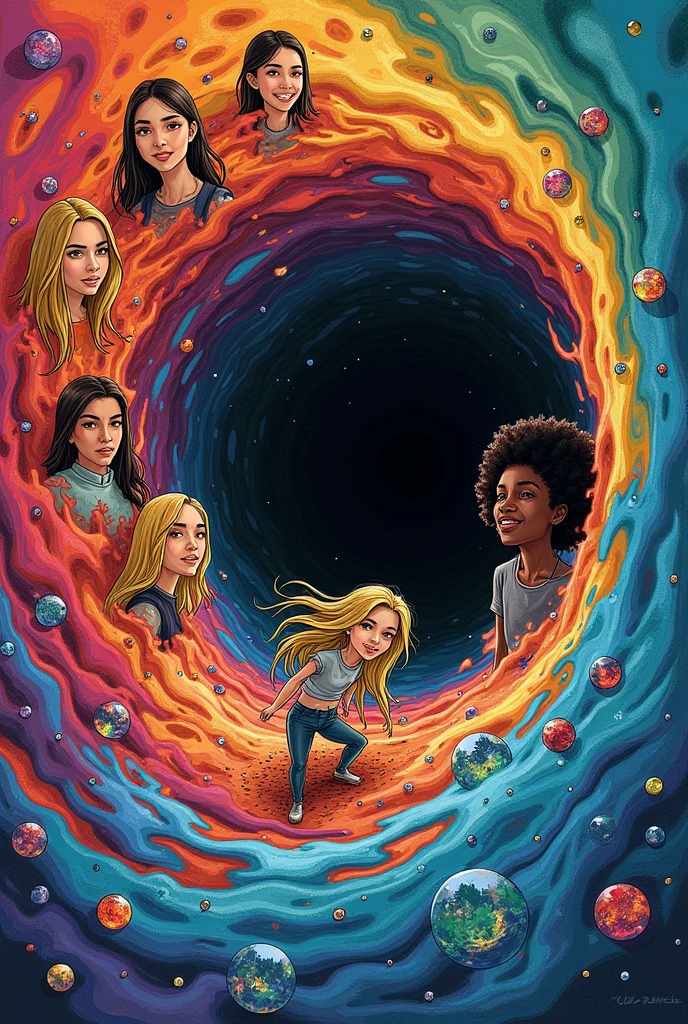 a book cover with the title slime the theory in Portuguese, colorful and creative drawings of four blonde girls, a Japanese woman and a black woman with curly hair and a blonde woman falling into a colorful black hole . with the name of the author Vitor Reis and subtitle discover this adventure on the cover