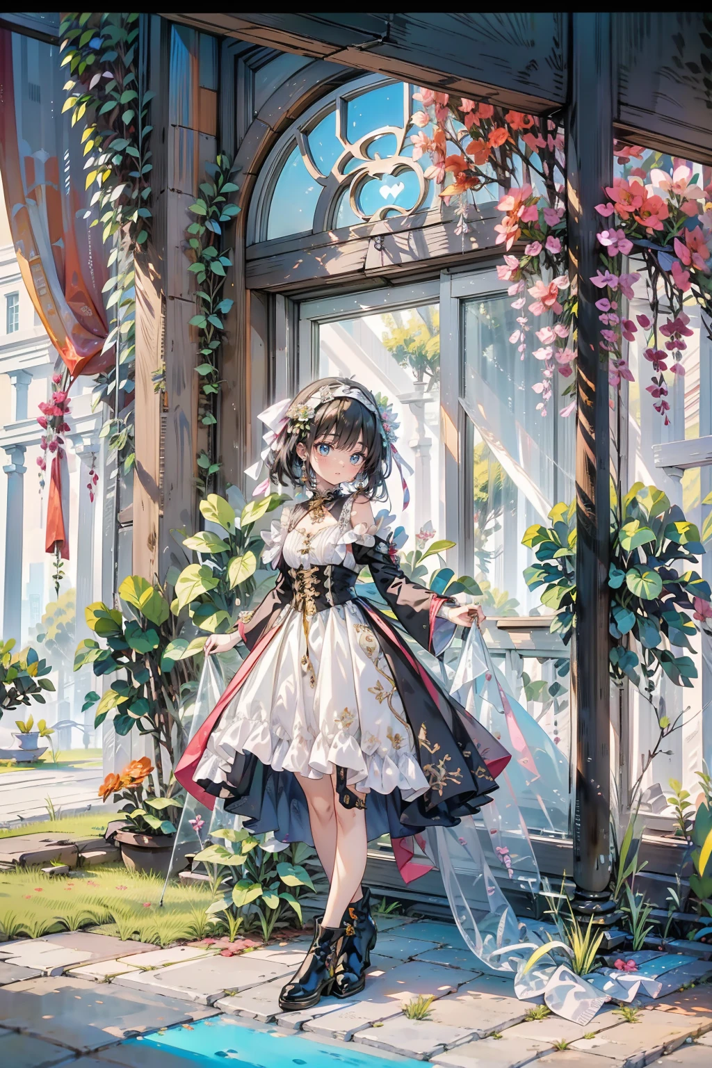 Anime Style、Storytelling、Very big cat、Petting a cat with your hand、Cat reaching out to girl、A girl with a fighting spirit and a cat、beautiful girl、とてもcute天使、Pink Gothic Dress、cute、Baby Face、smile、Long skirt、Black long boots、Very cute headband、
