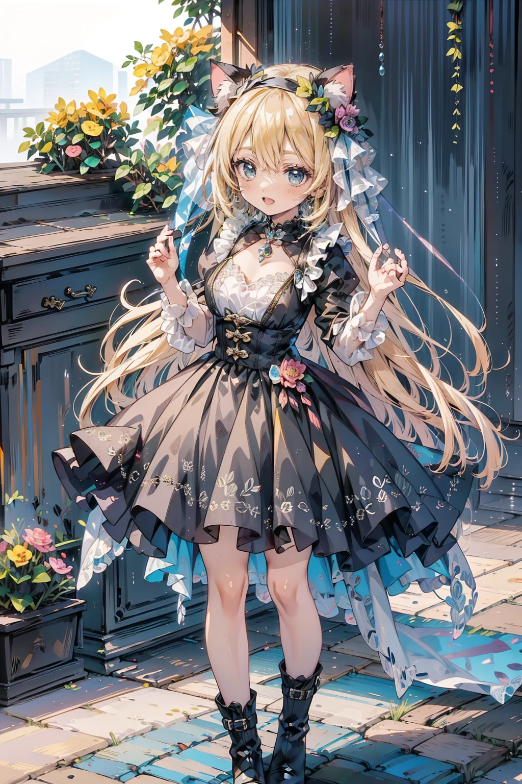 Anime Style、Storytelling、Very big cat、Petting a cat with your hand、Cat reaching out to girl、A girl with a fighting spirit and a cat、beautiful girl、とてもcute天使、Pink Gothic Dress、cute、Baby Face、smile、Long skirt、Black long boots、Very cute headband、
