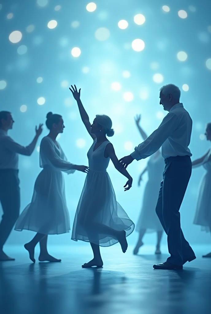 ((Best quality)), ((masterpiece)), (detailed), on a light blue background choreography silhouette dance hands older generation, hands in a semicircle against the background of bokeh lights, 4k