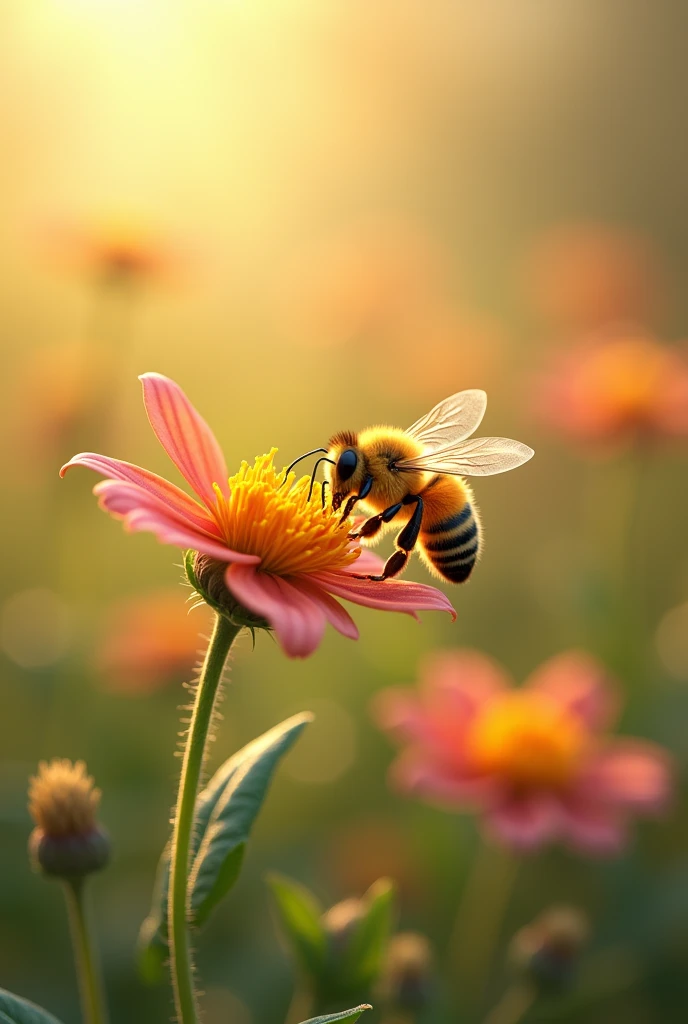 - **Bees and Flowers:** Show a bee hovering near a flower, collecting nectar. The flower could have visible pollen grains, indicating that the bee will carry them to other flowers, aiding in pollination.
