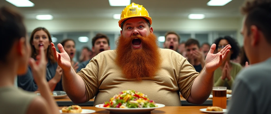 a very fat man, with construction helmet, he is sitting in a cafeteria with a very large plate of salad, he's wide-eyed, he has a medium red beard, (he has his hands open with the palm facing up making the shrug expression:2.0), (shrug:2.0), he is red with shame, his face and beard are dirty with ketchup and mustard, people are outraged behind him, open-mouthed people, people with their hands over their mouths, realisitic, epic scene, ultra detaild, detailed ambient,