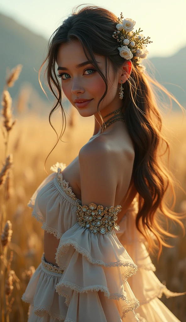 Human female from baldur's gate, best quality, ultra-detailed CG unity 8k wallpaper,   standing, high resolution, dynamic pose, beautiful face, (strapless dress, dress, layered dress,white flower, hair ornament, blue eyes, (choker), bare midriff), depth of field, sunny plains, magic light), flirtatious smirk, (high fantasy)