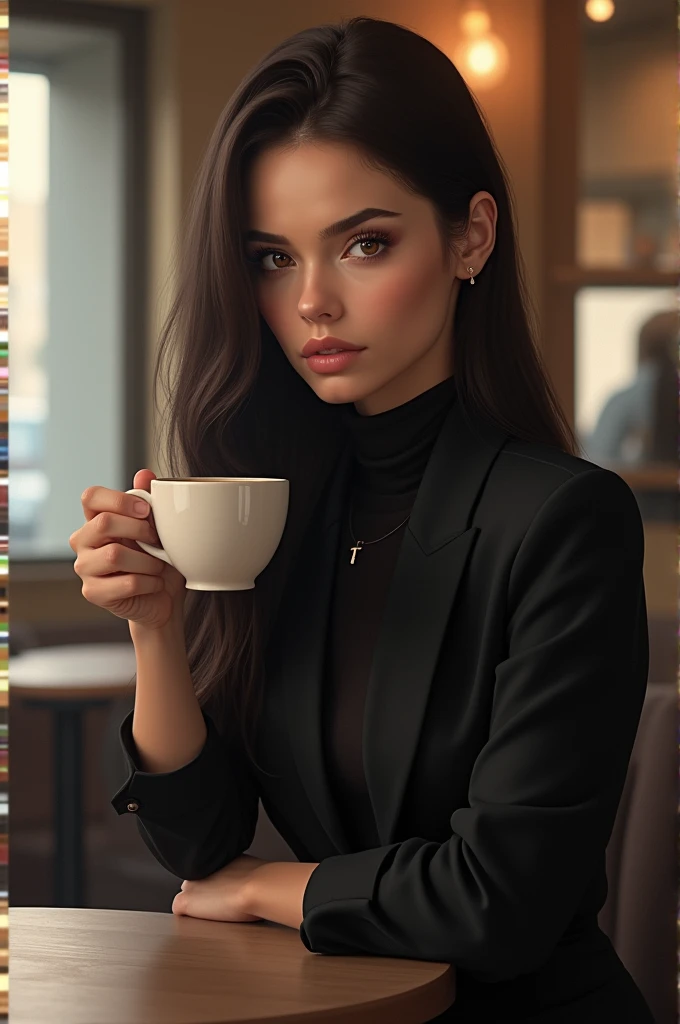 obra maestra, de la mejor calidad, una mujer de piel blanca, long straight dark brown hair, brown eyes, dressed in modern black in a cafe and a coffee in her hand, with serious expression on face