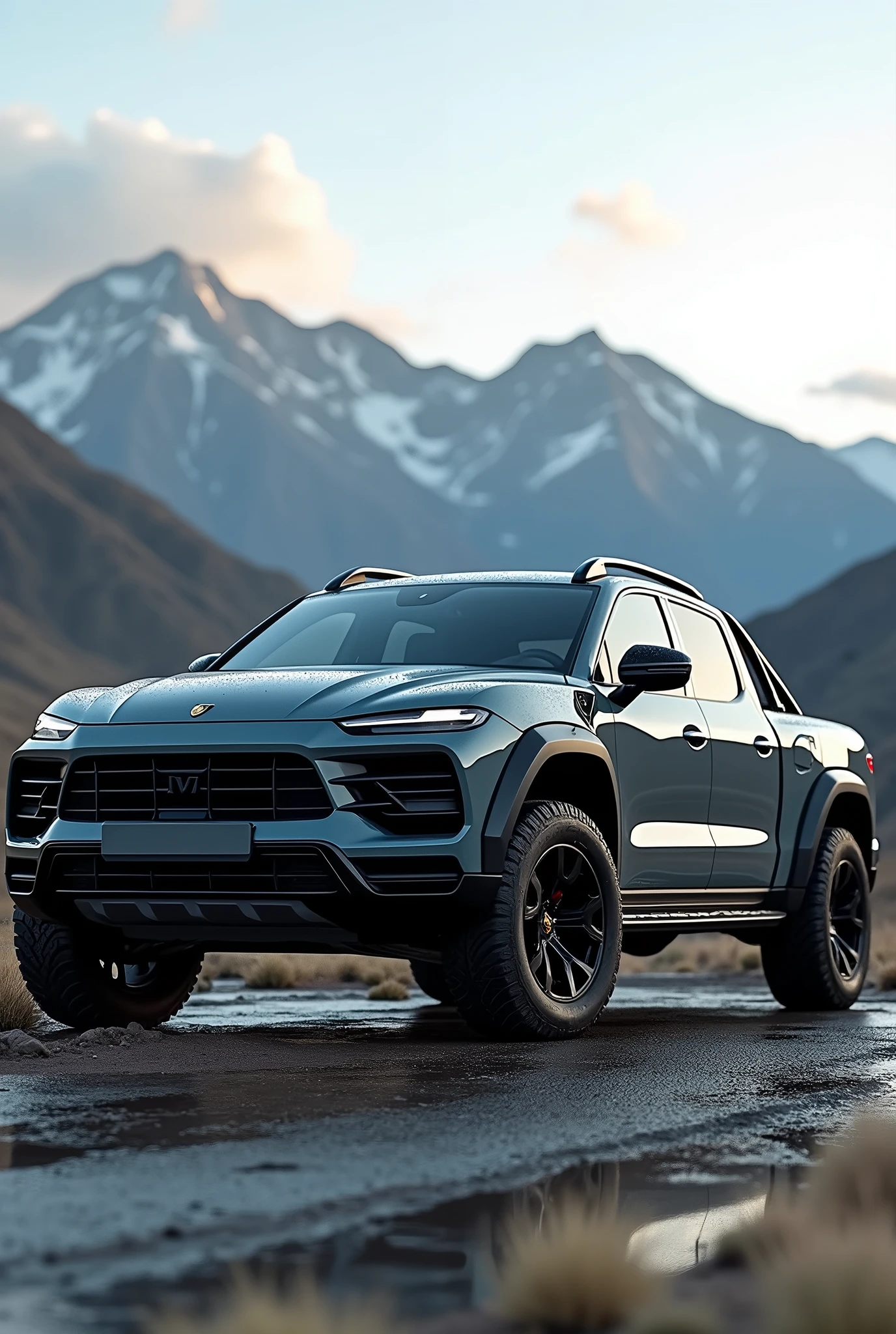 (Photographie professionelle:1.6) une magnifique Porsche type pick-up ultra sportif,couleur gris nardo, des arceaux a l’arriere. elle semble massive, environnement de montagne type Colorado, impression de sceance photo pour la presentation d’un nouveau modele, reflet du paysage sur le pare-brise et la carrosserie de la voiture. Ultra realiste, ultra cinématographique, ultra detaille, ultra contraste, 8k
