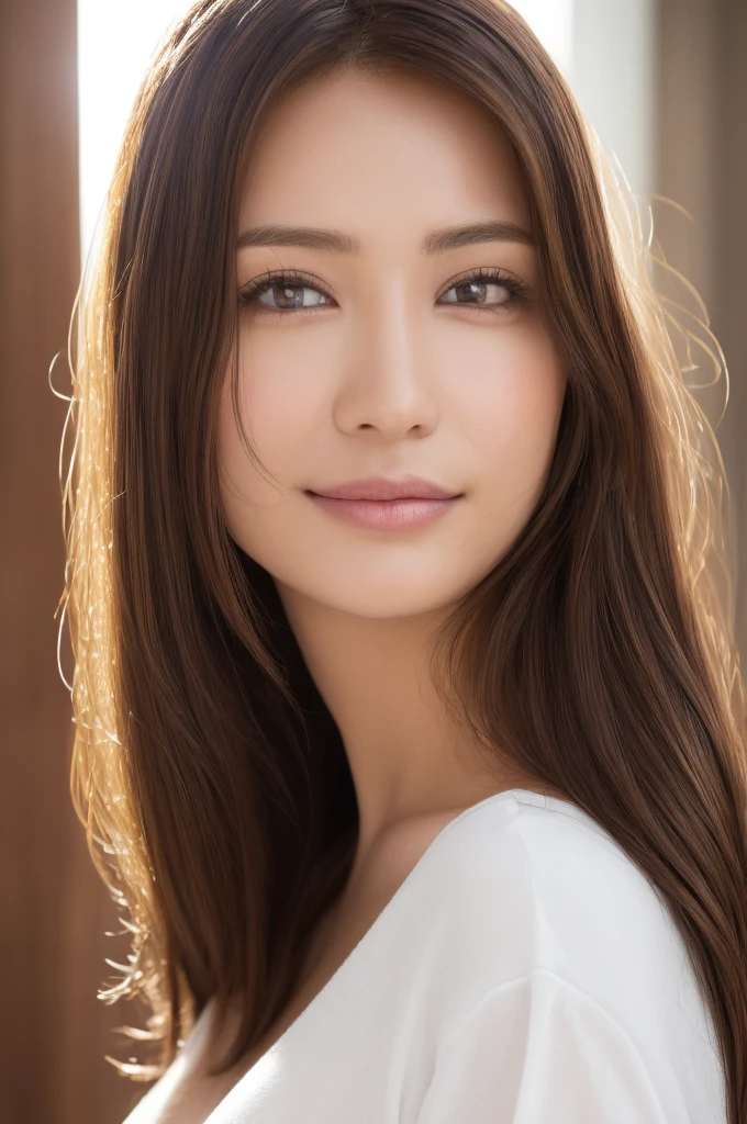  Brown-haired woman 30 years old、unclean、Lens flare、(8K、born、professional、highest quality、masterpiece:1.2)、(realistic、Photoreal:1.37)、super detailed、(best detailed skins:1.2)、(Supreme Detail Face:1.2)、movie lighting、1 female、Japanese、Short-cut brown hair、(the wind is strong)、warm white light、shy smile、Photographed from the front、((highest quality、8K、masterpiece:1.3))、beautiful woman with perfect figure:1.4、、((dark brown hair、big breasts:1.2))、Highly detailed face and skin texture、detailed eye、double eyelid、big breasts、gender　Wearing a plain white round neck T-shirt　Tokyo city　whole photo　Cafe