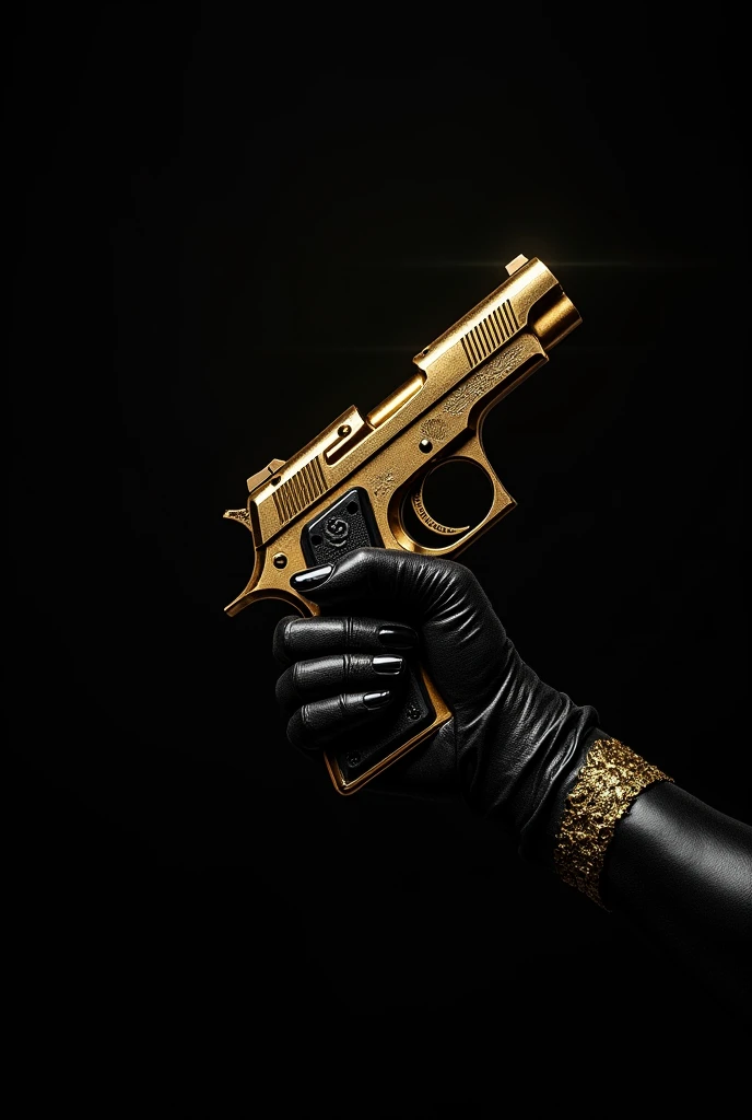 create a black book cover with gold details with a female hand with a black glove with gold details holding a gun