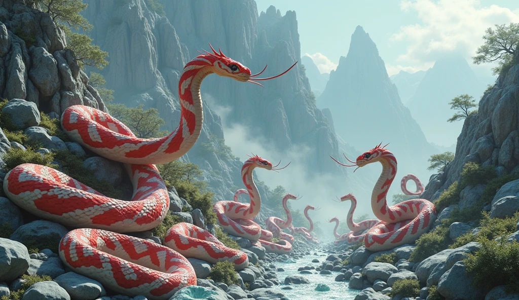 There is white jade ore on the mountain,There are also many pit vipers with red and white rings and a spike on the tip of their noses.(best quality,4K,8k,High level,masterpiece:1.2),Ultra Detailed,(lifelike,Photo real,Photo real:1.37)