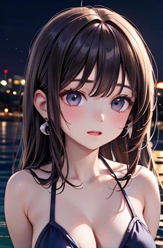 Realistic、Highest quality、1 girl、2、Brown haired、Earrings、Embarrassed face、Flashy Bikini、Beautiful expression、Dark night sea、outside of home、Particles of light、Professional Lighting、light、wallpaper、