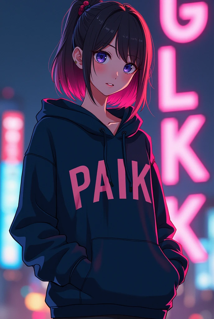 Create anime character;
{background: capital HD text: “GLBK” in right-top, night}, tanned skin,
realistic, HDR, beautiful, japan style, full body, age 20, hoodie HD text: “Paik”, female, color Gradient hair