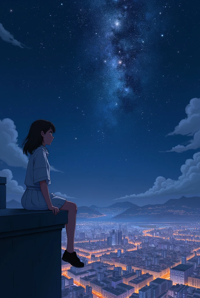 A girl sits on the edge of a building with a night view. She wears a white skirt and black shoes. Above her head is a beautiful urban starry sky written in an animated style. Below her, the night view is detailed with stars and city lights in great detail, creating a fantastic and beautiful urban night