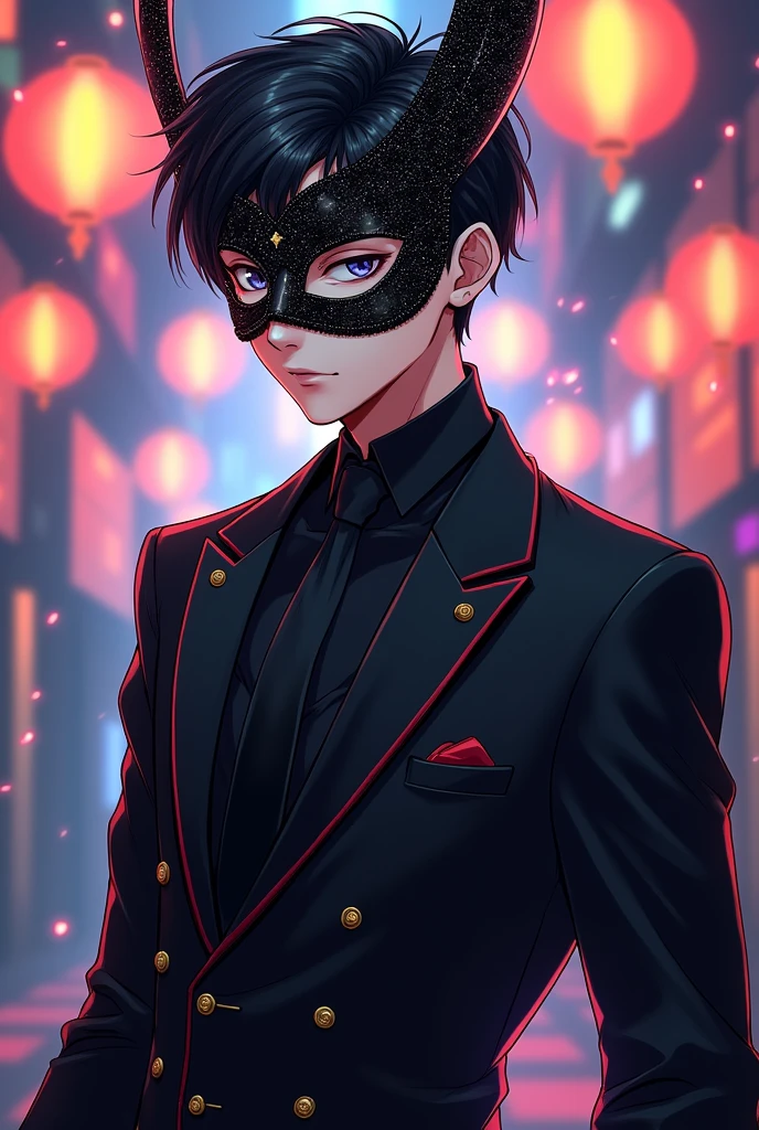 A male tale height wearing a party mask and black party clothes of age 23 manga character 