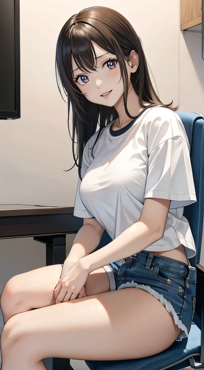 Young Japanese idol with long black hair, (Ample breasts). ((Short sleeve white t-shirt and denim shorts))I am wearing, Sitting on a chair in a TV studio. She is smiling warmly at the camera. Studio lighting can be seen in the background、Guts pose