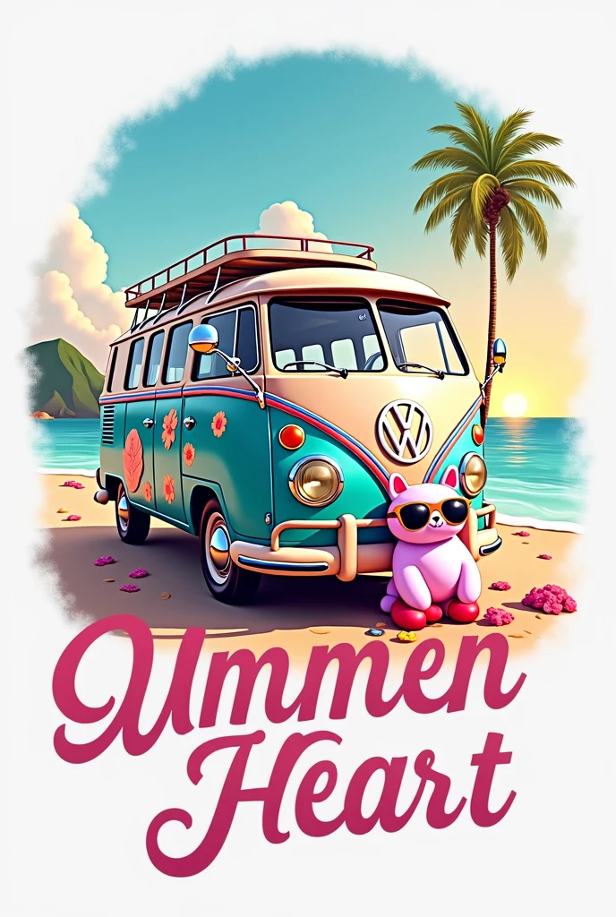 create an illustration with good contrast, with fine and delicate lines, cute fun, to the audience  (The image shows a vintage Volkswagen Type 2 van, known as VW Bus, parked on a beach with a clear sky and the sun setting or rising in the background. The van is painted in light blue and white, with several colorful flower stickers and the iconic VW logo on the front. No roof from van, there is a rack with two surfboards attached.  3 happy squishmallows playing and wearing big black sunglasses. The sand looks smooth, with some footprints leading to the van. the art in general presents a distribution with characteristics of shirt prints, which do not end in a rectangular shape.

Below this scene, there is text that says “Summer Heart” or something related to high summer in a stylized cursive font that suggests a relaxed summer vibe. The font color transitions from pink at the top to yellow at the bottom, imitating a sunset.

This image evokes nostalgia for summer travel and beach adventures., symbolizing freedom and leisure

