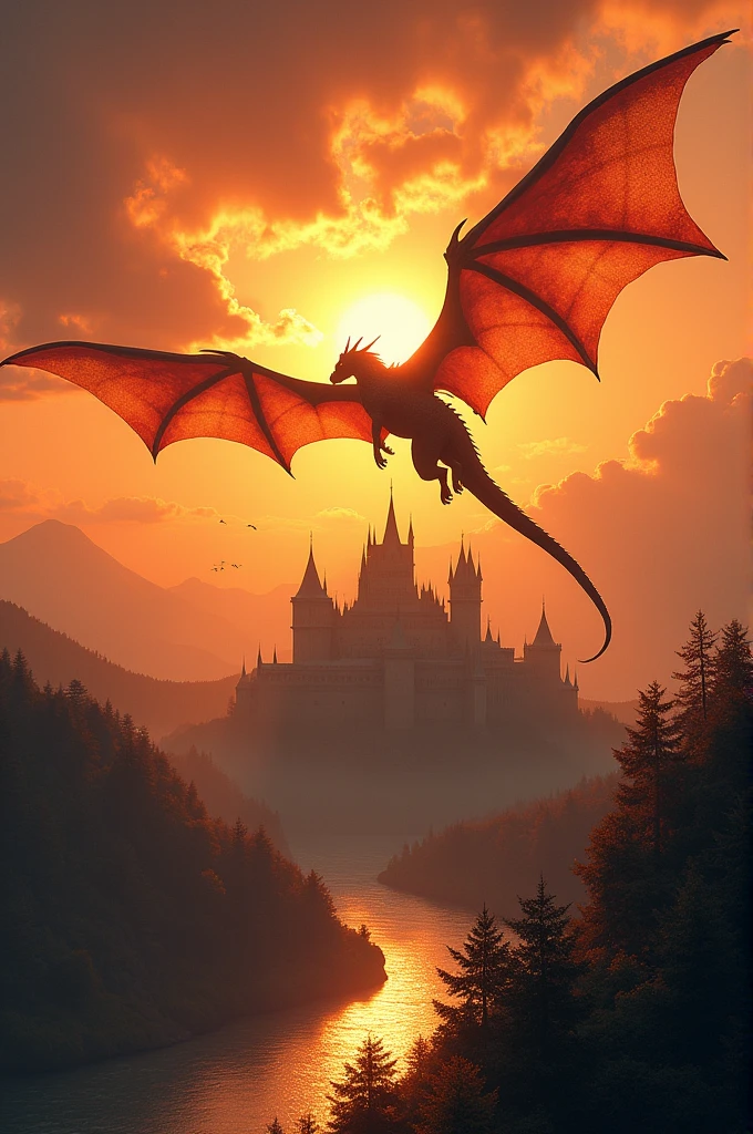 A dragon flying over a medieval castle during sunset
