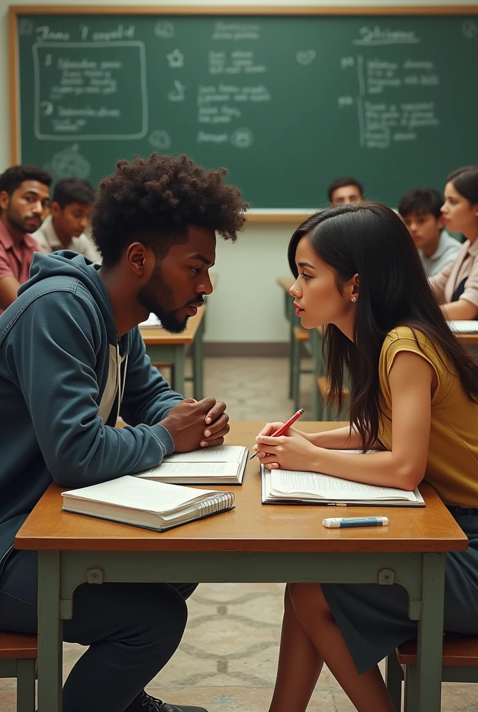 Create rivals in a classroom A tall, dark-skinned man with curly hair A short, dark-skinned woman with straight hair