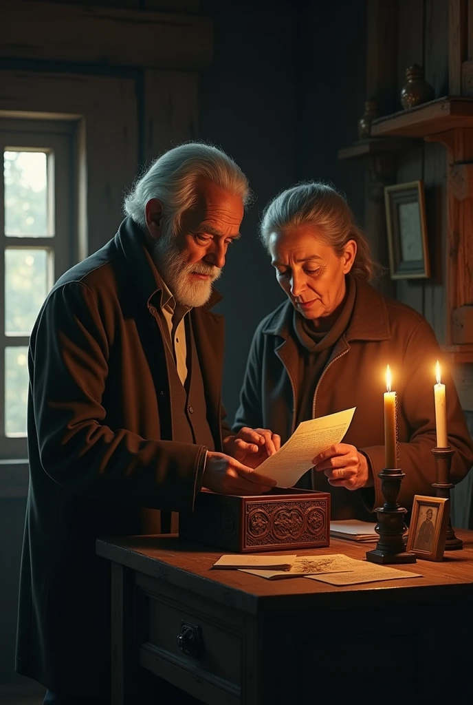Visualize an elderly couple in an old village house at midnight, following the clues from a mysterious letter. Show them unlocking a hidden box, revealing a deeper truth about the priceless nature of family bonds."
